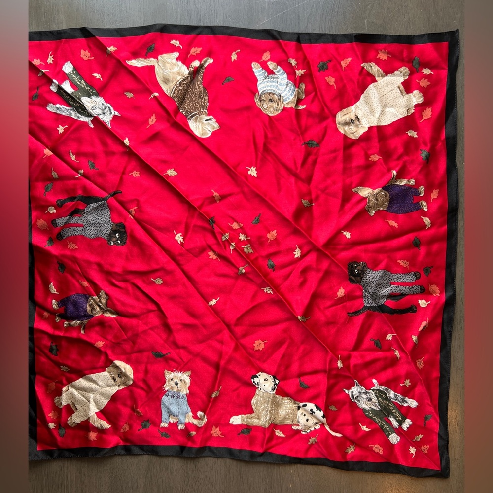 Dog Print Silk Scarf Red Square Novelty Puppy Print Autumn Leaves